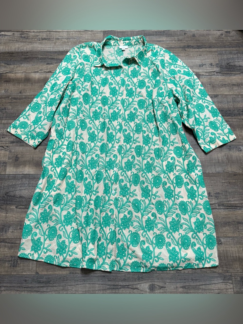 J. Jill Cream Dress with Green Embroidered Floral Motif Women's Size 3X